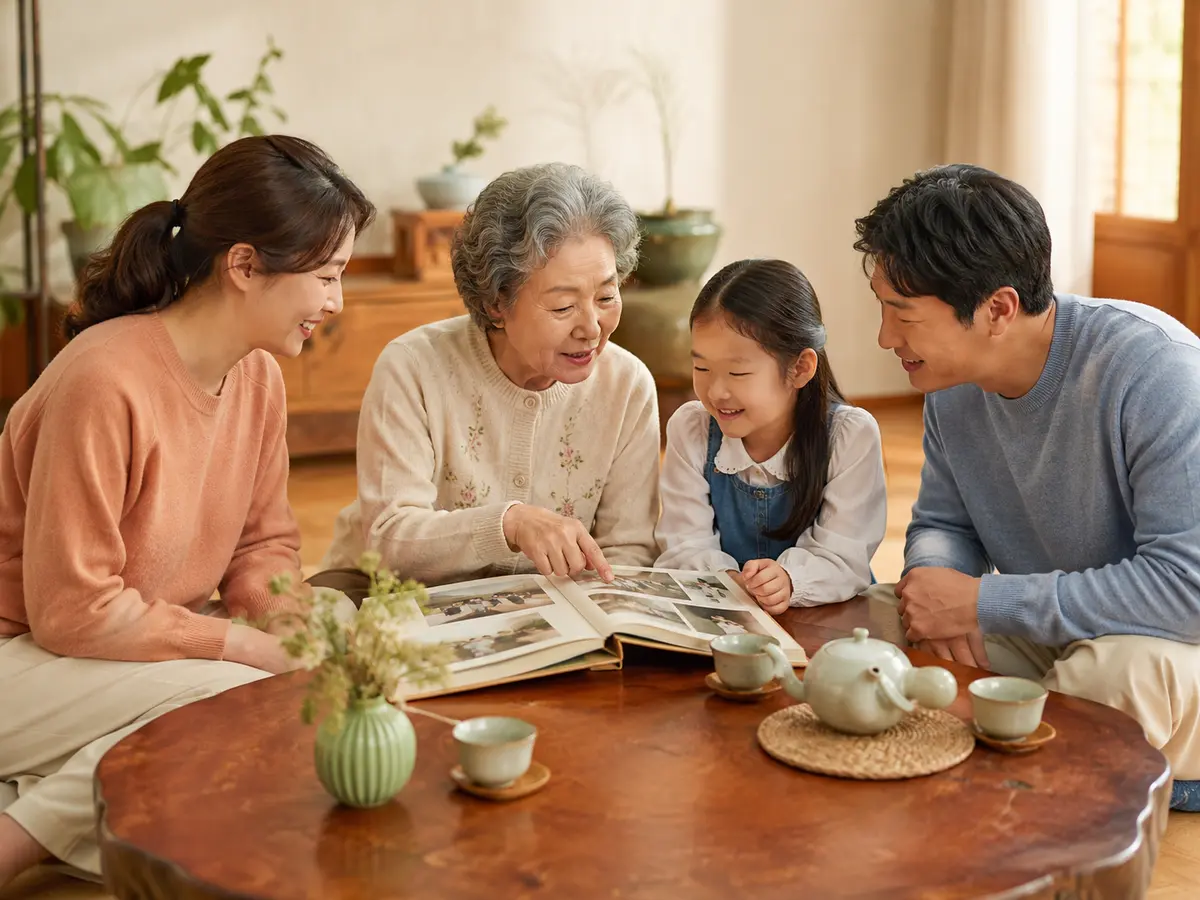 가족사진을 보며 이야기를 나누는 삼대 가족