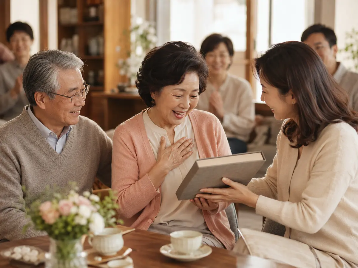 가족에게 인생 기록책을 선물 받는 어머니