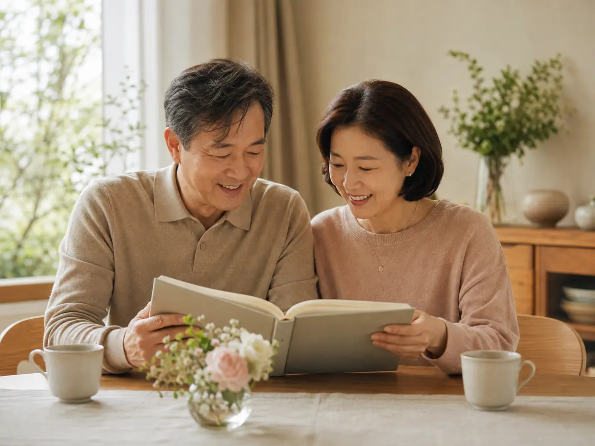 결혼기념일에 가족 기록책을 함께 보는 부부